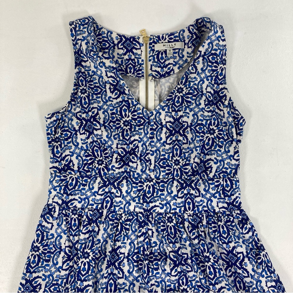 Milly for Design Nation Banvin Blue White Floral Sleeveless Fit Flare Dress 10 - Picture 14 of 16
